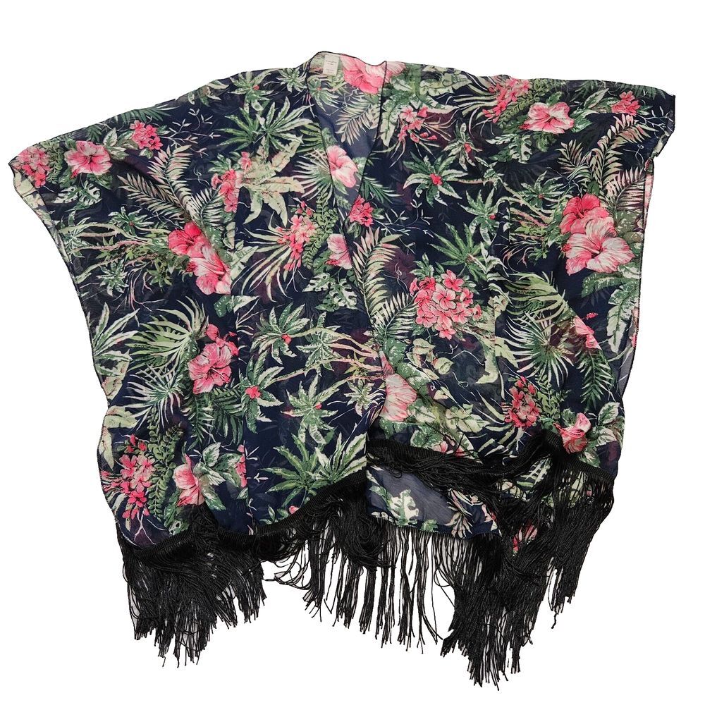 Do Everything in Love Tropical Floral Boho Sheer Fringe Hem Kimono Cardigan OSFM